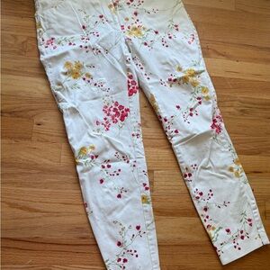 White Floral Ankle Jeans with Pink & Yellow Blooms
